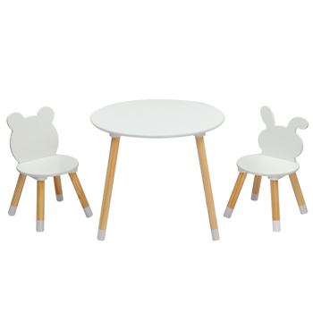 Kids Wood Table and Chairs Set, Toddler Play Table with 2 Chairs, 3 Pieces Children Multi-Activity Round Table for Play Art Craft Reading Learing Eating, White