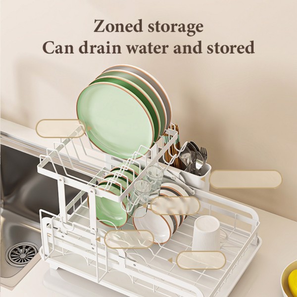 2-Tier Dish Drying Rack, Kitchen Dish Rack, Space-Saving and Durable, with Drainer Board and Utensil/Cutting Board Holder, for Kitchen Countertop, with Utensil Holder, Cup Holder and Drainer Board