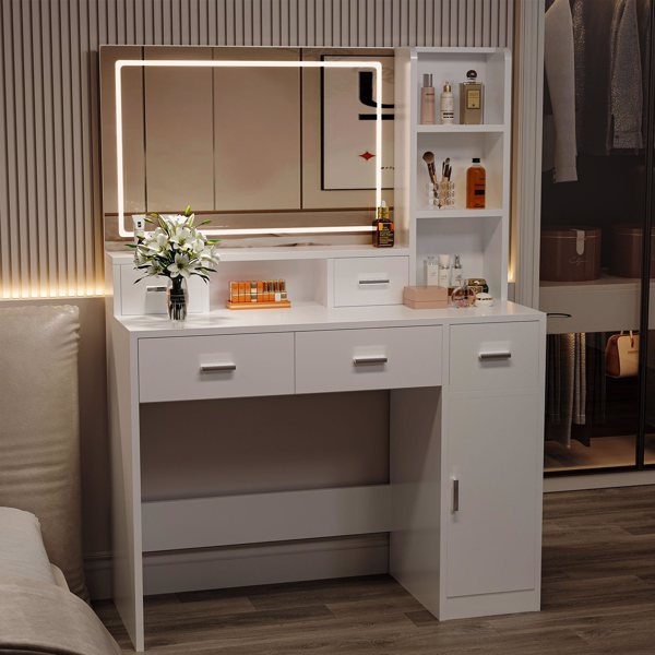 Desk With Mirror And Lights, White Makeup Vanity With Adjustable LED Mirror, Small Vanity Table With Charging Station & Storage