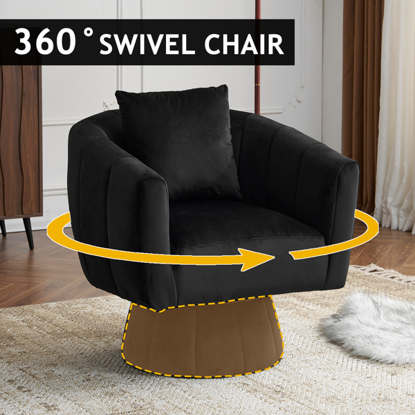 360° Swivel Accent Chair, Modern Velvet Fabric Living Room Armchair with Fluffy Cushions, Comfy Wide Upholstered, Barrel Accent Chairs for Living Room, Bedroom, Lounge, Office Black