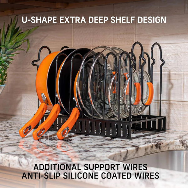 A pot storage rack with 8 layers for pots, bowls, and pans, suitable for kitchen cabinets, cookware storage, and lid storage, upgraded version