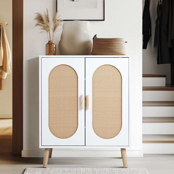 FCH 2-door vertical shoe cabinet particle board + plastic rattan white frame + original wood rattan surface + gold high feet