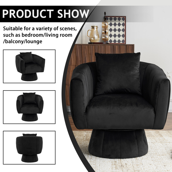 360° Swivel Accent Chair, Modern Velvet Fabric Living Room Armchair with Fluffy Cushions, Comfy Wide Upholstered, Barrel Accent Chairs for Living Room, Bedroom, Lounge, Office Black