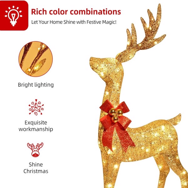 5ft 3D Pre-Lit Christmas Reindeer & Sleigh Set, Gold Glitter Holiday Yard Decoration with 150 LED Lights, 2PCS