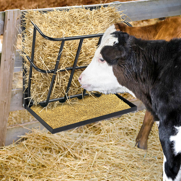 Large Capacity Hay Feeder with Detachable Grain Tray, Heavy Duty Steel 2 in 1 Hay Rack, Multiple Sided Goat Feeding Rack for Sheep Farm Livestock Indoor Outdoor, Black