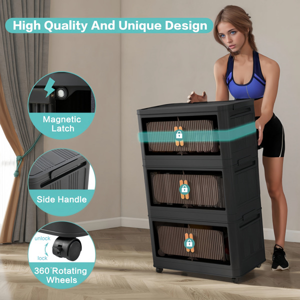 Black,19.69" Side Wide Folding Storage Cabinet ,3 Tiers,19.69"×11.81"×31.10",Collapsible Storage Bins with Magnetic Door, Plastic Storage Cabinet with Wheels