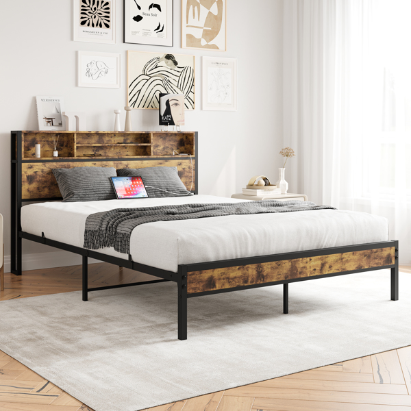 Queen Bed Frame with Storage Headboard, Metal Platform Bed with Charging Station,  Bookcase Storage, No Box Spring Needed, Easy Assembly, Noise-Free, Black