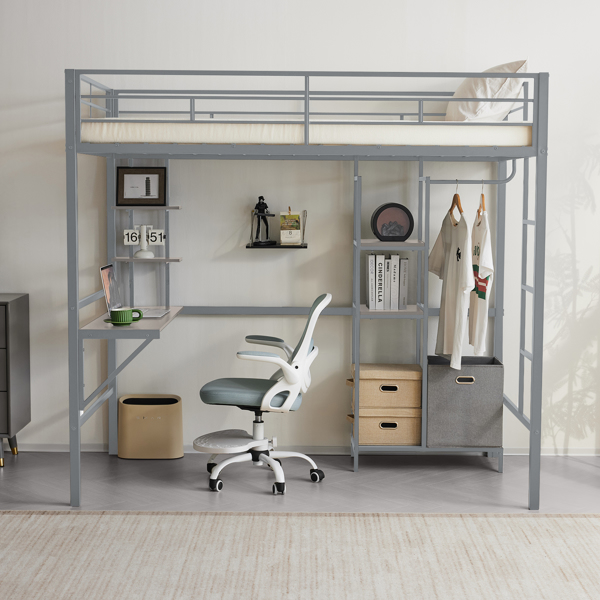 Twin Size Metal Loft Bed with Desk and Storage Shelves, Full-length Guardrails, Loft Bed Frame for Teens Juniors Adults, Noise Free, No Box Spring Needed, Grey