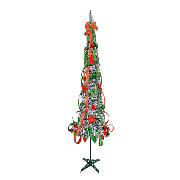 6 FT Snow Flocked Pre-lit Artificial Pop Up Christmas Tree with 150 Warm Lights and Red & Green Ornaments for Home Office Store Holiday Deco S001