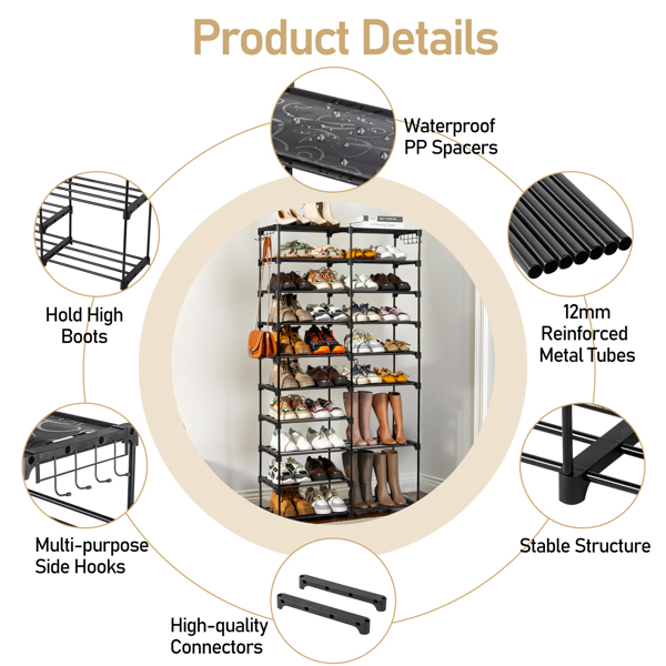 FCH double row 10 layers non-woven shoe rack iron pipe + PP pad + plastic 85.7*29.8*158cm black