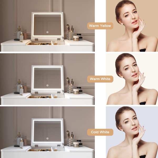 Vanity Mirror With Lights and Solid Wood Legs and Flip-Up High Definition Mirror