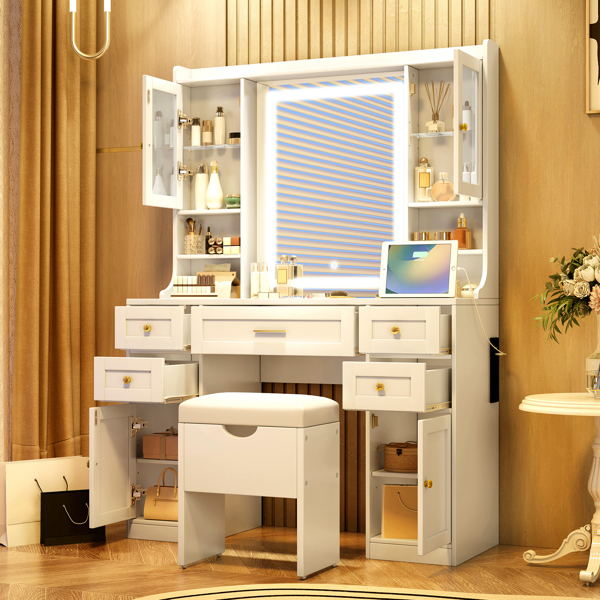 41.4" Makeup Vanity Desk with Mirror and Lights, Makeup Table with 5 Drawers and 4 Cabinets, Dressing Table with Charging Station and Cushioned Storage Stool for Bedroom, White