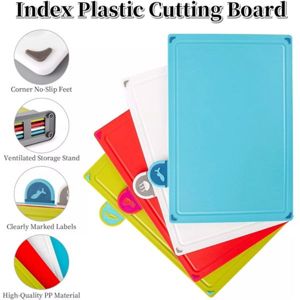 ​​​COLOURED 4X CHOPPING BOARD SET NON-SLIP INDEX CUTTING BOARD WITH STAND ZENO