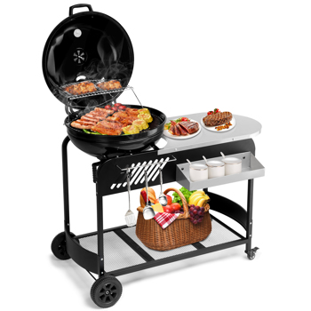 Portable Charcoal Grill with Cart, BBQ Charcoal Grill with Porcelain-Enameled Lid & Slide Out Ash Catcher Thermometer for Barbecue Camping Outdoor, Picnic, Backyard