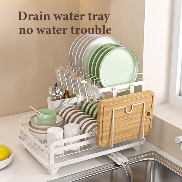 2-Tier Dish Drying Rack, Kitchen Dish Rack, Space-Saving and Durable, with Drainer Board and Utensil/Cutting Board Holder, for Kitchen Countertop, with Utensil Holder, Cup Holder and Drainer Board