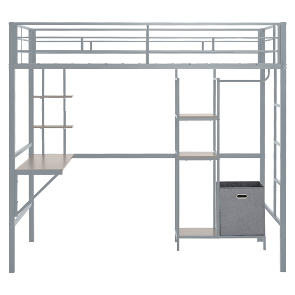 Twin Size Metal Loft Bed with Desk and Storage Shelves, Full-length Guardrails, Loft Bed Frame for Teens Juniors Adults, Noise Free, No Box Spring Needed, Grey