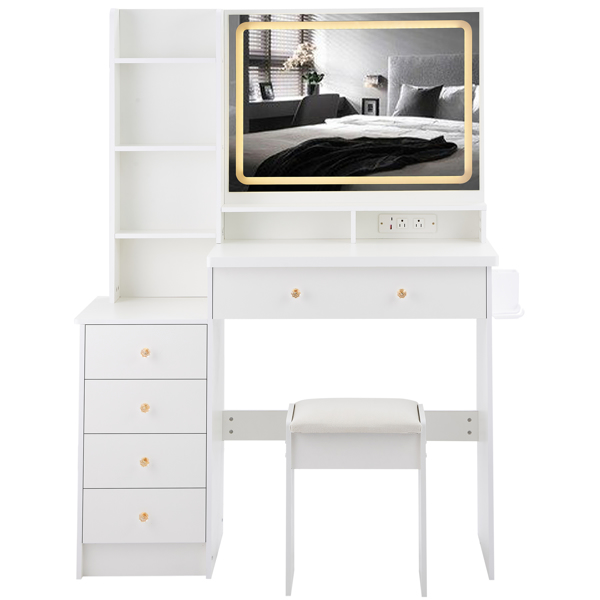 41" Large Size Left Bedside Cabinet Vanity Table+Cushioned Stool Dresser Set, 2 AC+2 USB Power Station, Hair Dryer Stand, Extra Large Touch Control LED Mirror, 3-color Switch, EPA, GCC, UL Certificate