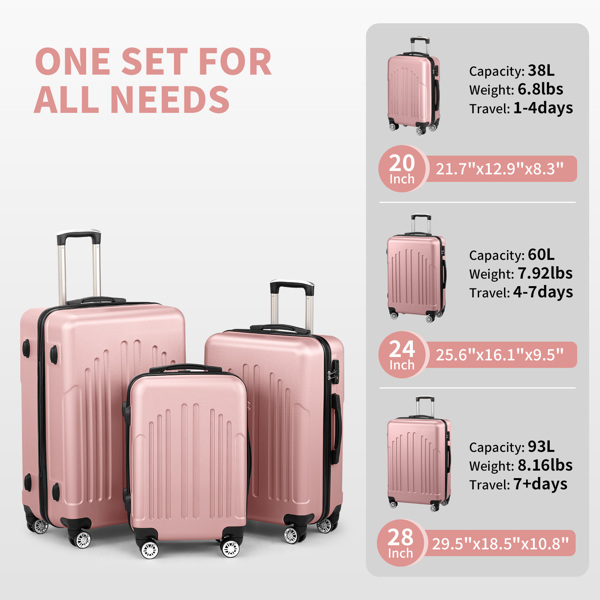 Luggage Set of 3, ABS+PC Hardside Suitcase Sets with TSA Lock 4 Spinner Wheels, Lightweight Trolley Travel Case for Carry On Check-in Business Trip, 20" 24" 28"