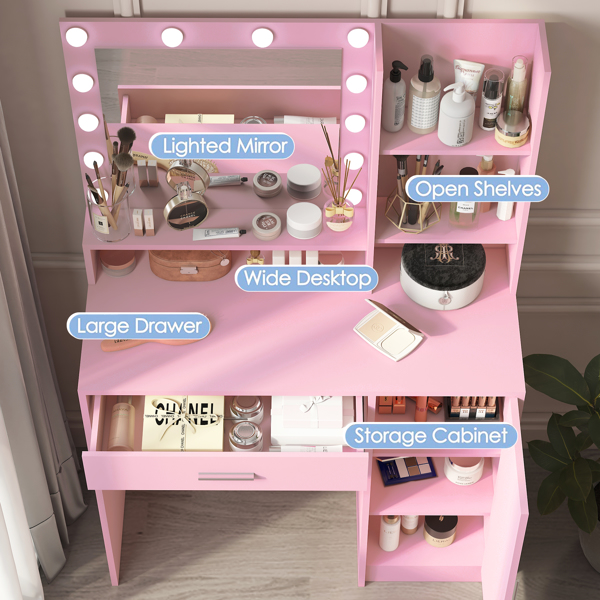 Vanity Desk with Mirror & Light, Large Drawer Three Level Storage Dresser, 3 Lighting Modes Adjustable Brightness, Bedroom Dressing Table(Pink)