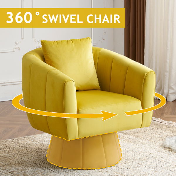 360° Swivel Accent Chair, Modern Velvet Fabric Living Room Armchair with Fluffy Cushions, Comfy Wide Upholstered, Barrel Accent Chairs for Living Room, Bedroom, Lounge, Office Yellow