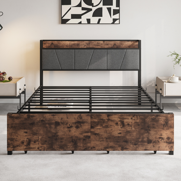 Queen Size Bed Frame, Storage Headboard with Charging Station and 2 Drawers, Solid and Stable, Noise Free, No Box Spring Needed, Easy Assembly, Vintage Brown and Gray