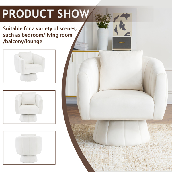 360° Swivel Accent Chair, Modern Velvet Fabric Living Room Armchair with Fluffy Cushions, Comfy Wide Upholstered, Barrel Accent Chairs for Living Room, Bedroom, Lounge, Office Off-White