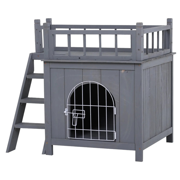 Grey 2-Level Wooden Cat House with Lockable Wire Door 