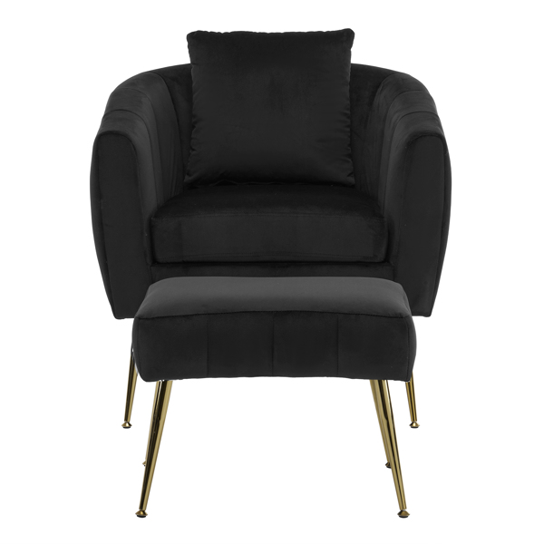 Velvet Accent Chair Set Barrel Chair with Ottoman Modern Club Chair Reading Armchair with Lumbar Pillow for Living Room, Bedroom, Study Room, Home Office Black