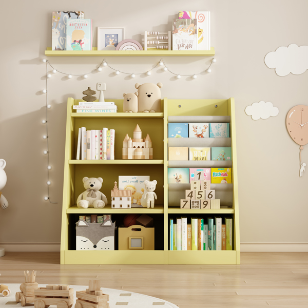 Yellow Wooden Toy Storage Organizer Cabinet Kids Bookshelf  Children Bookcase Toddler Baby Sling Book Rack Adjustable Shelf for Playroom Bedroom Nursery Hallway School Kindergarten Living Roomy