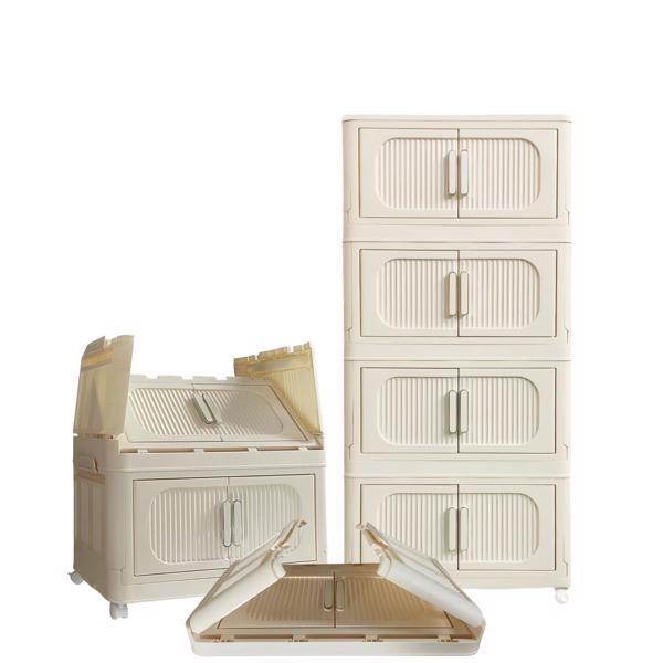 Cream White,19.69" Side Wide Folding Storage Cabinet ,4 Tiers,19.69"×11.81"×40.55",Collapsible Storage Bins with Magnetic Door, Plastic Storage Cabinet with Wheels