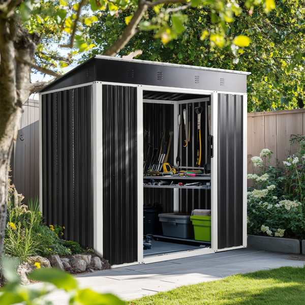 6 x 4 FT Outdoor Storage Shed, Metal Garden Storage House with Slanted Roof & Double Sliding Doors for Backyard Outdoor Patio, Black