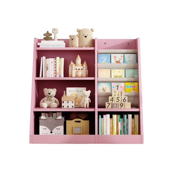 Pink Wooden Toy Storage Organizer Cabinet Kids Bookshelf  Children Bookcase Toddler Baby Sling Book Rack Adjustable Shelf for Playroom Bedroom Nursery Hallway School Kindergarten Living Room