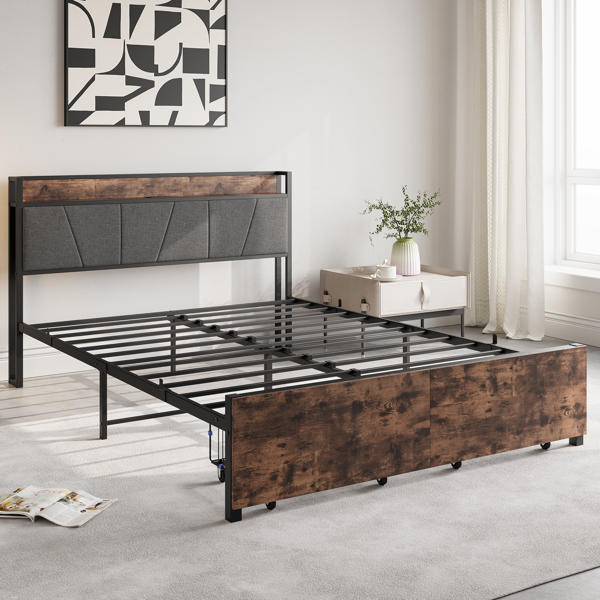 Queen Size Bed Frame, Storage Headboard with Charging Station and 2 Drawers, Solid and Stable, Noise Free, No Box Spring Needed, Easy Assembly, Vintage Brown and Gray