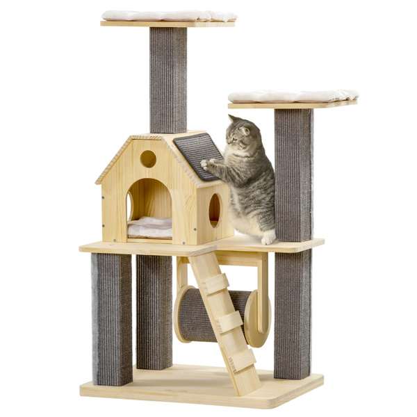 Cat Tree for Indoor Cats with Pillow-Covered Perches, Spinning Toy, Modern Climbing Activity Cat Tower with Scratching Posts, Cat Condo, Ladder, Natural