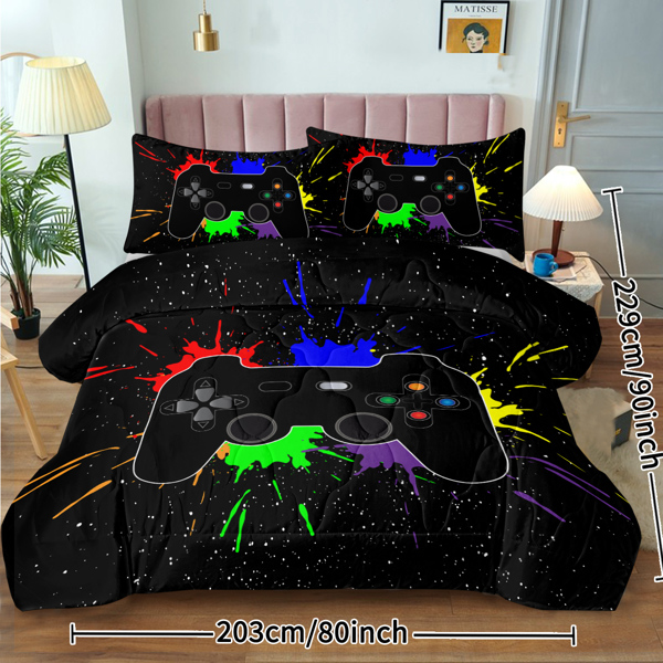 Black Video Game Comforter for Girls Boys Red Blue Green Purple Yellow Ink Game Controller Bedding Boy Bedroom Living Bed Decor (1 Comforter 2 Pillow Shams) Full Size