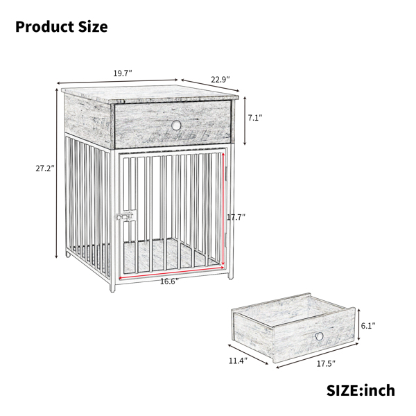 Dog Crate Furniture, Dog House, Decorative Dog Kennel with Drawer, Indoor Pet Crate End Table for Small Dog, Iron-Tube Dog Cage, Chew-Proof