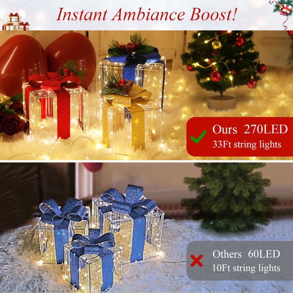 330 LED Christmas Lighted Gift Boxes with 33Ft String Light, Light up Christmas Decoration Indoor Outdoor, Holiday Decor Xmas Ornament for Tree Skirt Yard Home Porch, Pre-lit Present Boxes Set of 3