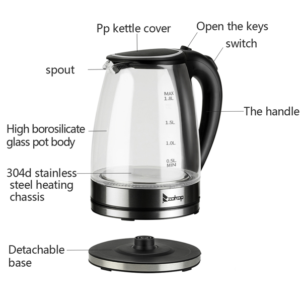 ZOKOP HD-1857-A 220V 2200W 1.8L Electric Glass Kettle EU Plug