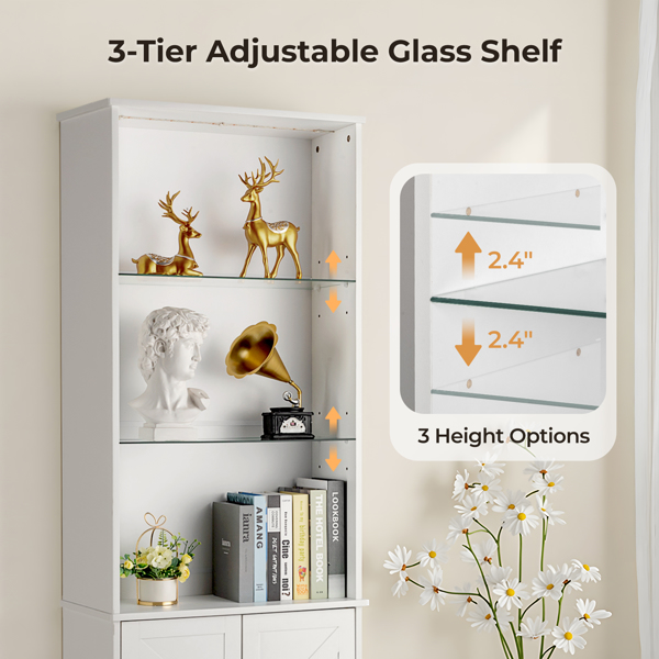 FCH 3-layer glass shelf with 2 doors double Z shape LED light strip front curved base feet triammine board 60*23.5*180cm display cabinet white