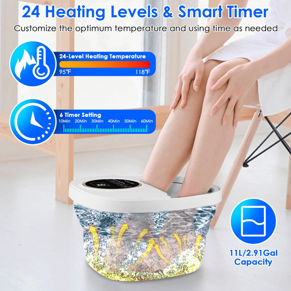 Collapsible Foot Spa Massager Electric Foldable Foot Soaker Tub with Remote Control Handle Surfing Bubbles 24 Heating Levels 6 Timer 6 Massage Rollers 48 Simulated Pebbles Pill Box