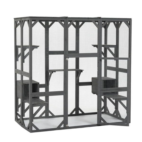 Outdoor Cat House Wooden Catio Enclosure w/Cover- Large Cat Cage with Jump Platforms and Condos, Weatherproof, Grey, 71(L)*37(W)*71(H)