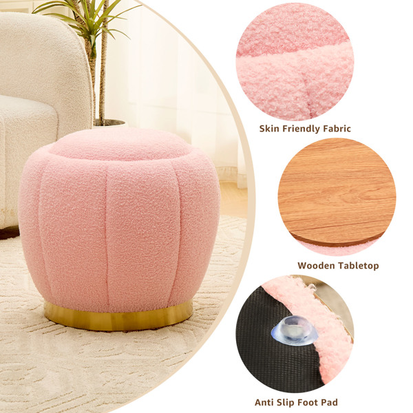 Storage Ottoman, Modern Round Floral Footrest with Soft Padded Seat, Teddy Velvet Footstool, Accent Small Table or Plant Stand for Hallway, Living Room (Pink)