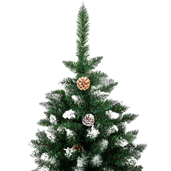 6 FT Artificial Snow Tipped Christmas Tree with DIY 100 Warm Lights Battery Operated, Hinged Xmas Pine Tree with 920 Branch Tips and 52 Pine Cones for Holiday Party Office Home, Green & Snow Tipped