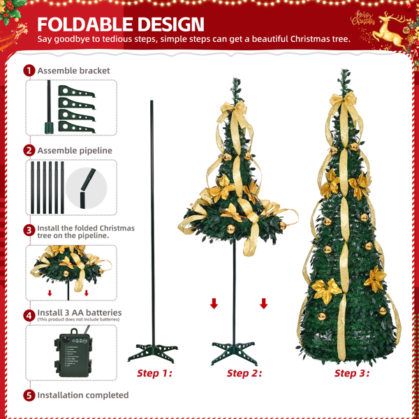 7 FT Fully Decorated Pre-lit Christmas Tree, Pop Up Artificial Xmas Tree with 100 Warm Lights Battery Operated and Golden & Silver Ornaments for Home Office Store Holiday Deco