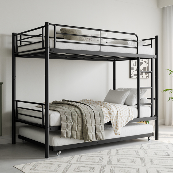 Twin Bunk Bed with Trundle Metal Bunkbeds with Ladder and Full-Length Guardrail, Noise Free, No Box Spring Needed, Black