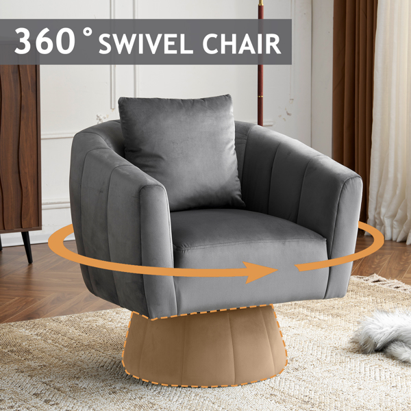 360° Swivel Accent Chair, Modern Velvet Fabric Living Room Armchair with Fluffy Cushions, Comfy Wide Upholstered, Barrel Accent Chairs for Living Room, Bedroom, Lounge, Office Gray