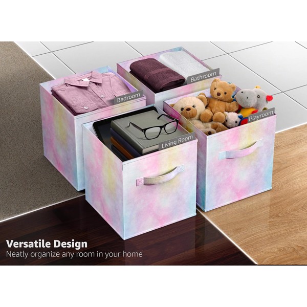 Colorful Cube Storage Bins, Set of 6 Foldable Collapsible Storage Box with Handles, 11" Fabric Storage Cubes Organizers for Shelves, Pink