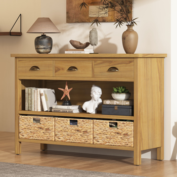 Vintage Console Table with Drawers, Water Hyacinth Woven Baskets, Multi-Color Options, Ideal for Entryway and Living Room (Natural)