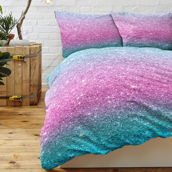 Colorful Glitter Bedding Girly Turquoise Blue Pink and Purple Pastel Colors Duvet Cover 3 Piece Trendy Bed Spreads Queen Size Comforter Cover Sets for Girls