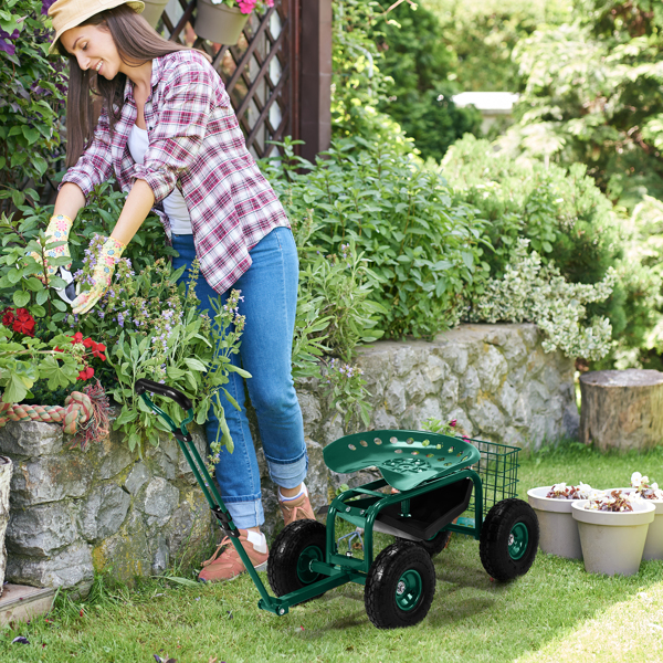 Rolling Garden Work Seat with Wheels, Garden Scooter with 360 Degree Swivel Seat & Extendable Handle & Tool Tray, Gardening Stool for Planting, Green